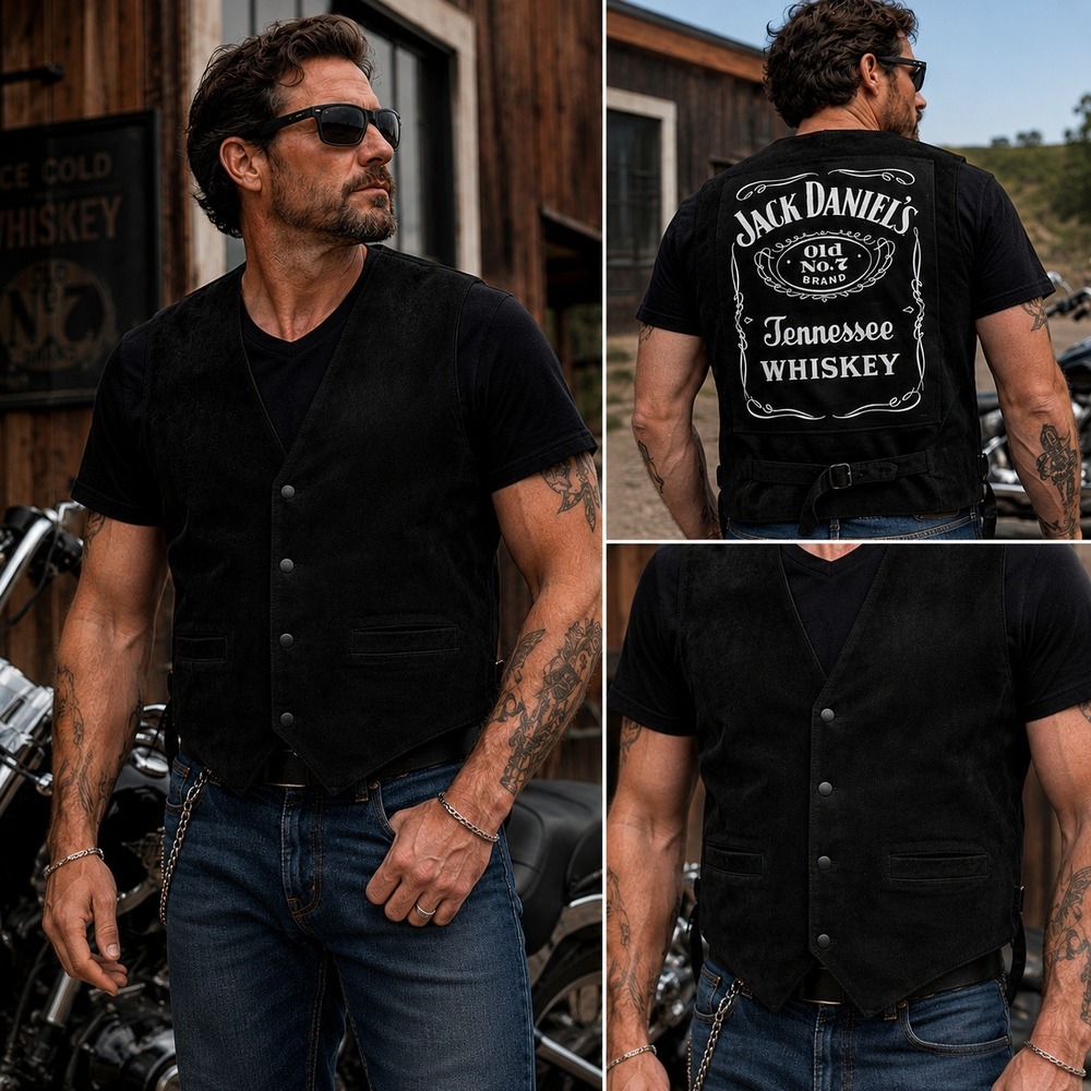 Protest Leather Biker Vest 3X Jack Daniel's Y2K Motorcycle Suede Black